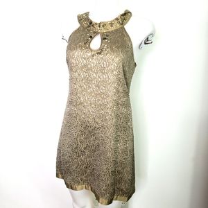 BCBGMaxAzria pewter bronze jewel neckline cocktail dress shimmer metallic